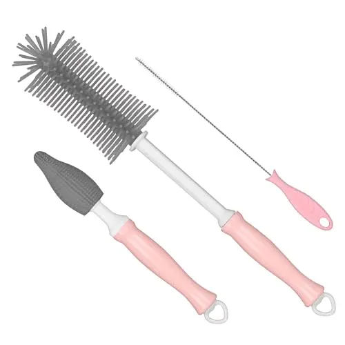 Silikon Babyflaschenreinigungsbürste mit Nippelbürste und Strohhalmbürste, extra langer Griff, grau