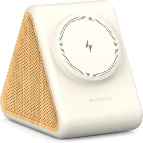HOUSBAY White Noise Machine mit kabellosem magnetischem Ladegerät für iPhone, 31 Schlafklänge, Timer, Einschlafhilfe – Weiß-Eiche