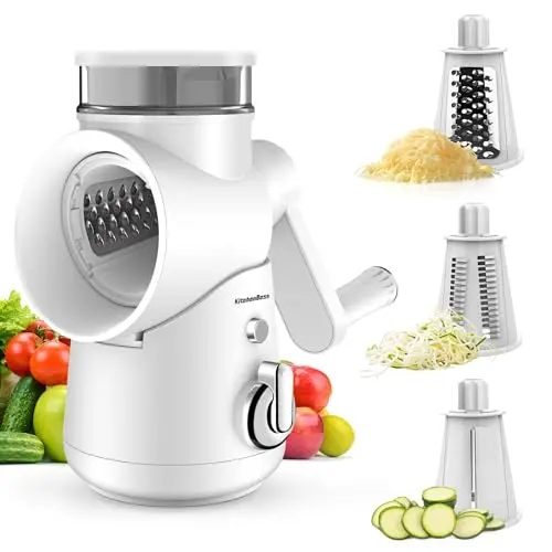 KitchenBoss Manuelle Mandoline Gemüseschneider 3-in-1 mit 3 Klingen aus Edelstahl - Weiß