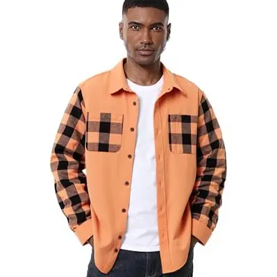 SwissWell Herren Flanellhemd Langarm Karo-Design mit Brusttasche, Casual Freizeithemd, Orange, Größe M