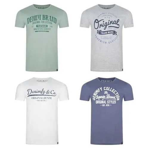 DENIMFY Herren T-Shirt Baumwolle Regular Fit 4er Pack Rundhals Kurzarm, Größe L, Farbmix