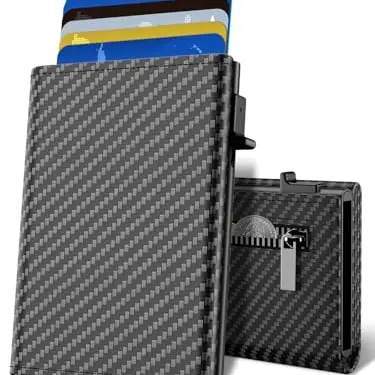 Herren Kartenetui, Slim Wallet mit RFID Blocking, Aluminium Pop Up für 11 Karten, mit Münzfach und ID Fenster