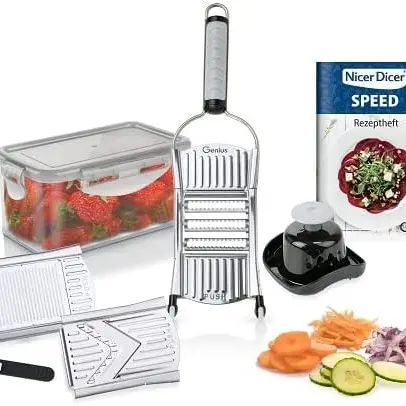 Genius Nicer Dicer Speed Set 9-tlg - Multihobel und Gemüseschneider mit 3 Einsätzen und Auffangbehälter, Silber