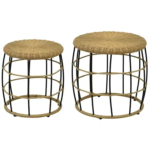 Outsunny Rattan Beistelltisch 2er-Set, stapelbarer Couchtisch für Garten und Balkon, khaki