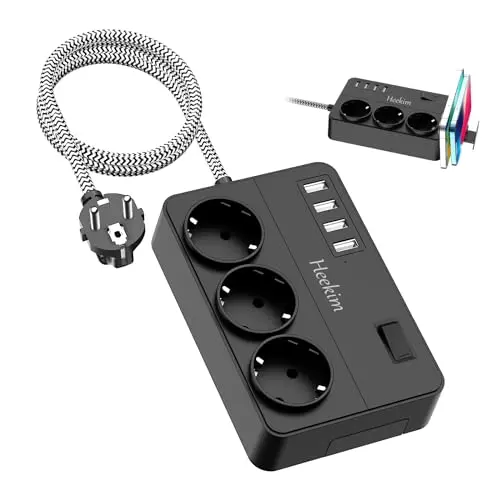 Heekim 7-in-1 Mehrfachstecker mit 4 USB-Anschlüssen und Überspannungsschutz, Schwarz