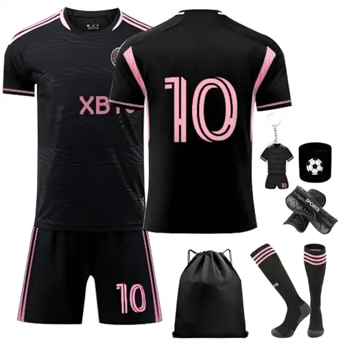 Fußball Kostüme Set für Kinder mit T-Shirt, Hose und Aufbewahrungstasche - Schwarz