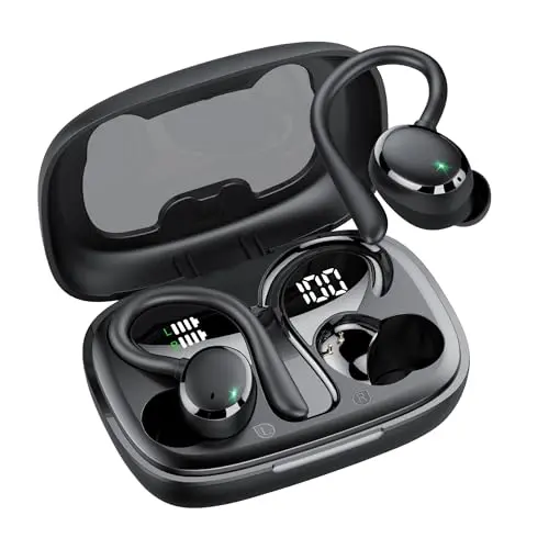 Bluetooth Sportkopfhörer, kabellos mit HD Mikrofon und HiFi Stereo, 72 Std Spielzeit, IP7 wasserdicht, In-Ear mit Ohrhaken