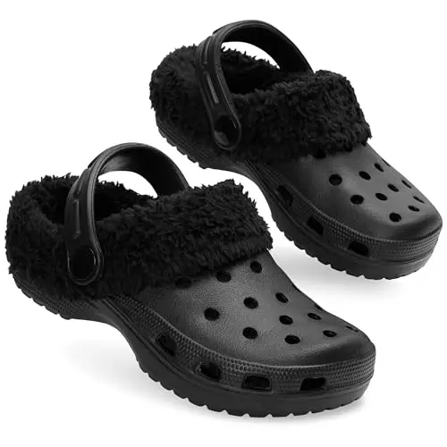 CityComfort Hausschuhe Kinder Mädchen, Winterclogs mit Sherpa-Fleecefutter, Riemen, Schwarz, Größe 29 EU