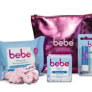 bebe Gesichtspflege Set mit Reinigungstüchern, Lippenpflege und Kosmetiktasche