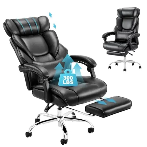 COLAMY Bürostuhl aus Leder mit Fußstütze, ergonomischer Chefsessel für Homeoffice, hohe Rückenlehne, 90–135° Neigeeinstellung, gepolsterte Armlehnen, schwarz