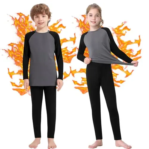 Jiuday Kinder Thermounterwäsche - Atmungsaktive Skionterwäsche für Jungen und Mädchen, Langarm, 6-14 Jahre (A-Grau+Schwarz, S)