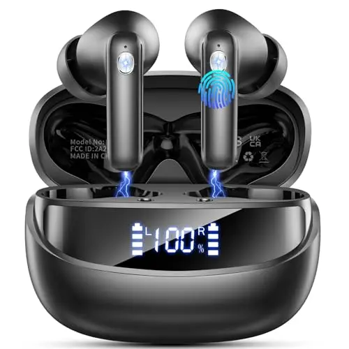 Bluetooth Kopfhörer, kabellos, 50 Std Akku, In Ear mit Noise Cancelling, IP7 wasserdicht, HiFi Stereo, LED-Anzeige