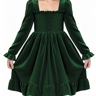 JiAmy Samt Langarmkleid für Mädchen, Festliches Kleid mit Rüschensaum, Grüne Farbe, 3-4 Jahre