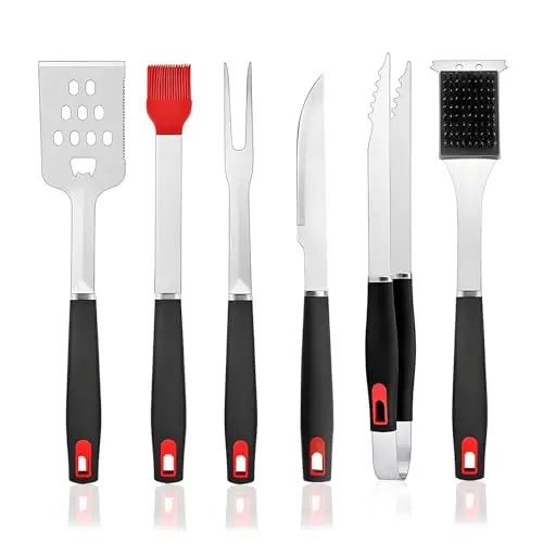 Grillbesteck Set 6-teilig mit hitzebeständigem Griff aus Edelstahl – Hochwertiges Grillwerkzeug für Garten und als Geschenk für Männer