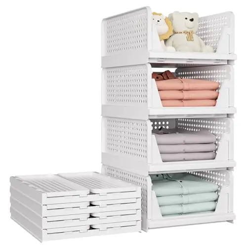 SNSLXH 5er Set Stapelbare Organizer für Schrank und Küche, Faltbare Aufbewahrungsbox, Weiß