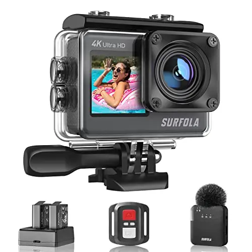 Surfola 4K Action Cam mit WiFi, 40m wasserdicht, 170° Weitwinkel, Dual-Screen, Mikrofon & 2 Batterien