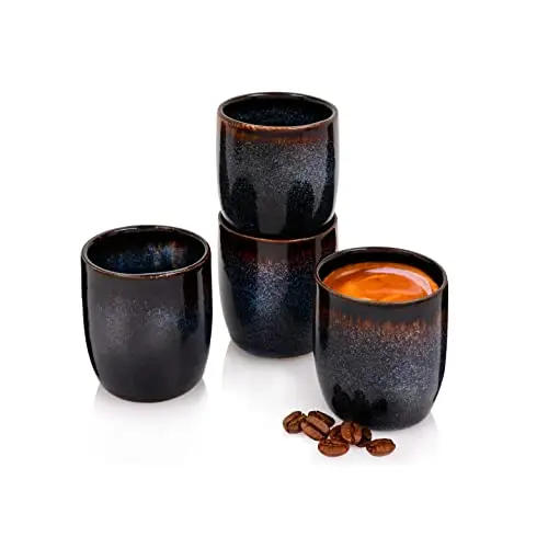 Espressobecher Tokio Set für 4 Personen, handmade Steingut, spülmaschinenfest, 70 ml, blau-schwarz mit braunen Akzenten