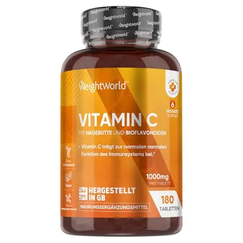 Vitamin C 1000mg - 180 vegane Tabletten für 6 Monate - mit Bioflavonoiden & Hagebutte - WeightWorld