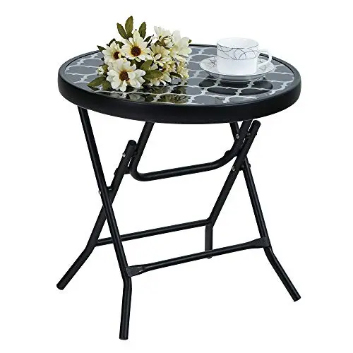 PHIVILLA Klappbarer Runder Beistelltisch aus Glas und Metall – Wetterfester Kaffeetisch für Balkon und Garten