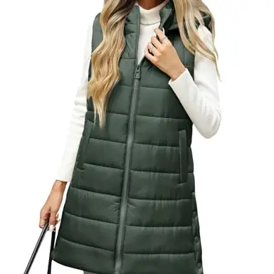 CMTOP Lange Steppweste für Damen - Leichte Ärmellose Weste mit Kapuze für Outdoor, Wandern und Camping (Armeegrün, M)