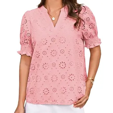 GRACE KARIN Damen V-Ausschnitt T-Shirt mit Puffärmeln - Sommer Tops in Rosa, Größe XL