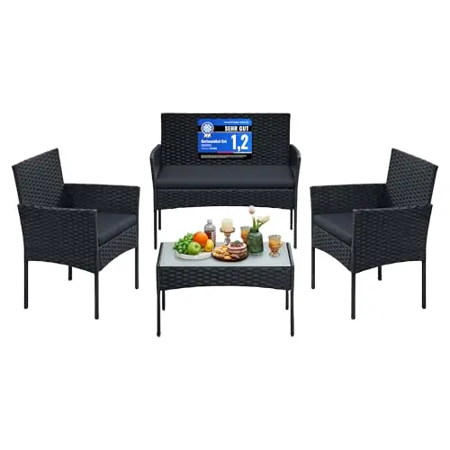 SONGMICS 4-teiliges Gartenmöbel-Set für Balkon und Terrasse, aus PE-Polyrattan, 2 Stühle, 2-Sitzer-Bank, outdoor, schwarz-grau