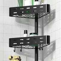 Cooeco Teleskop Duschregal ohne Bohren - Höhenverstellbares Eckregal mit 4 Körben und Haken, 63.5-290 cm, Schwarz