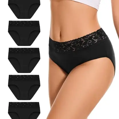 Damen Unterhosen 5er Pack Hipster Baumwolle Spitze, Weiche atmungsaktive Slips (S-XL) - Schwarz