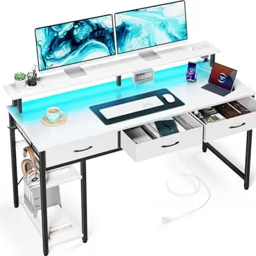 Seventable Gaming Schreibtisch mit Monitorständer, Stauraum, Steckdosen & LED, 120 cm, Weiß