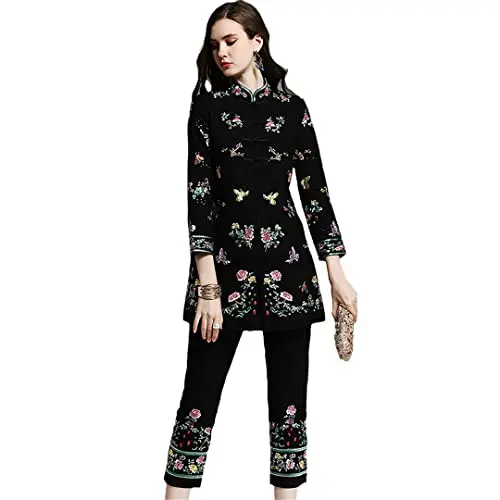 Damen 2-teiliges Retro Blumen-Besticktes Set: Jacke und Hose, Schwarz, Large