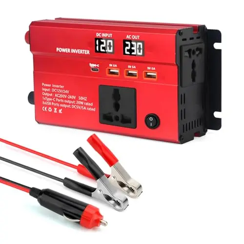 WODHMIEY 600W Kfz Wechselrichter 12V/24V auf 230V – Auto Spannungswandler mit 2 Steckdosen, USB und Type-C für Camping und Reisen
