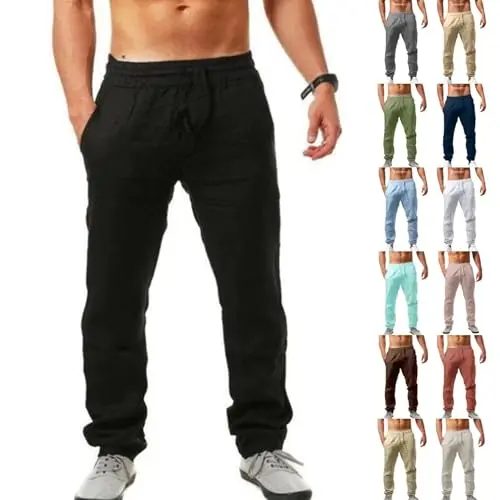 Herren Leinenhose, einfarbig, locker, Sommer, Freizeit, Kordelzug, Urlaub, Strand, Alltag