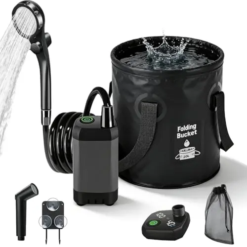 Zinueen Camping Dusche Set 2026 Upgrade mit Akku & Smart Display, 5-Gallonen Eimer, 4-Modus Duschkopf für Outdoor & Camping