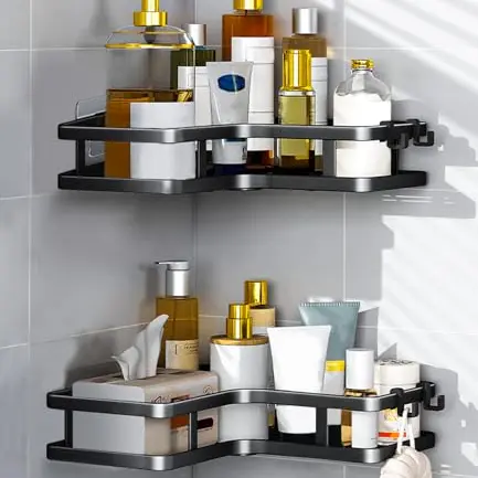 Bixury Duschablage Ohne Bohren, 2 Stück Schwarz Dusche Regal mit 8 Haken, Shampoo Halterung für Dusche