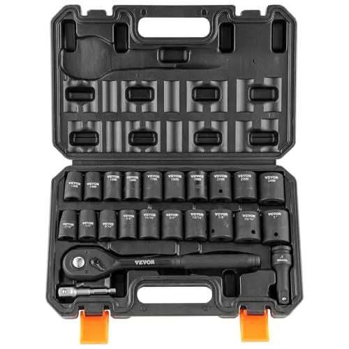 VEVOR Profi Steckschlüsselsatz 23-tlg. aus Cr-V-Stahl, inkl. Werkzeugkoffer, 7/16"-1" Stecknüsse, Schlagschrauber, Metrisch