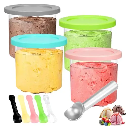 4er Set Eiscreme Behälter mit Deckel – Auslaufsichere Container für Eismaschine, inklusive 25 Plastiklöffel
