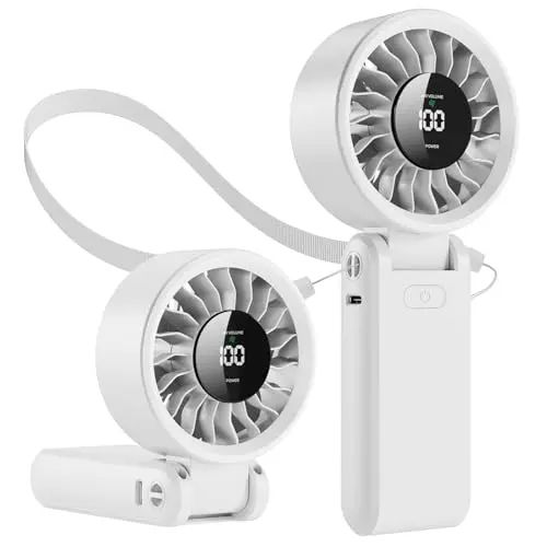 Tragbarer USB-C Ventilator mit 5000-mAh-Akku, 5 Geschwindigkeiten, 90° klappbar, 3-in-1 für Hand, Hals & Schreibtisch