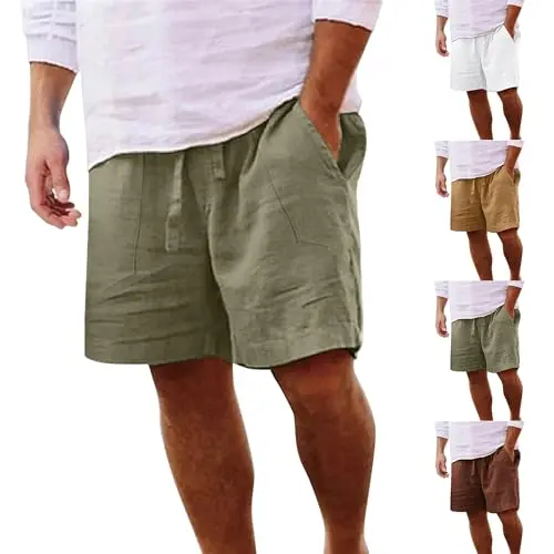 Guhmomh Herren Sommer Shorts aus Leinen - Leichte Baggy Bermuda Hose in Armeegrün
