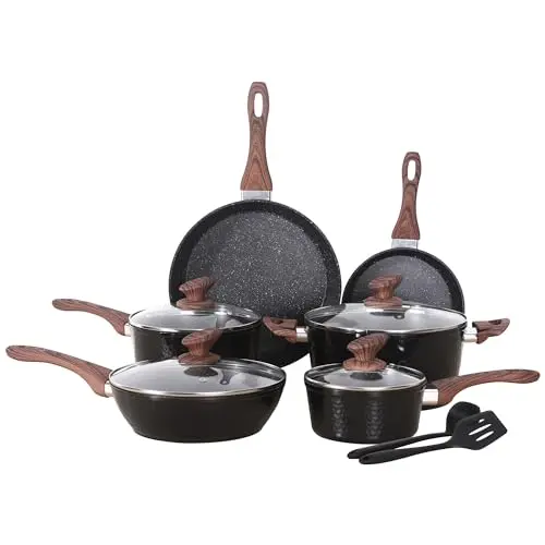 DishDelight Induktion Topfset 12-teilig, Antihaft Aluminium Töpfe und Pfannen in Schwarz