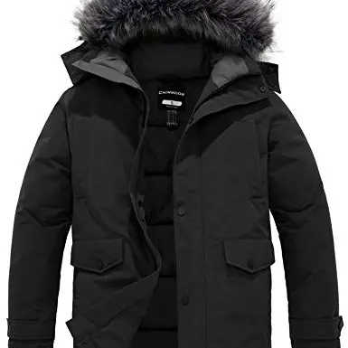 CHIN·MOON Herren Winterjacke mit Kapuze, wasserdicht, warm, Schwarz, Größe S