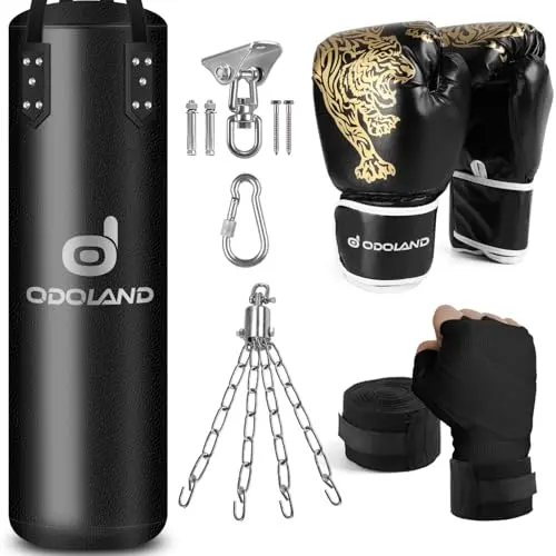 Odoland Boxsack Set 6-in-1 mit 4FT Punchingsack, 12OZ Boxhandschuhe, Deckenhaken & Kette – für Kampfsport, MMA, Kickboxen & Muay Thai