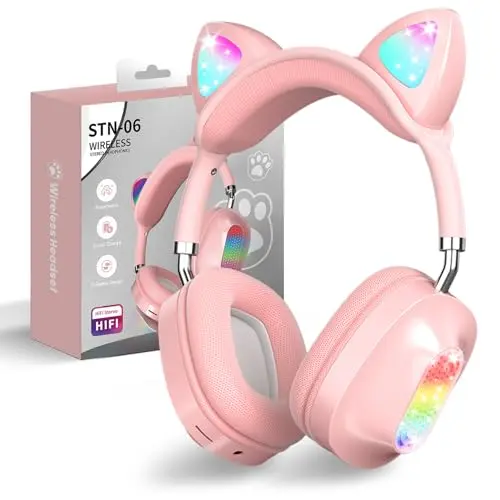 Katzenohr Bluetooth Kopfhörer für Kinder mit Mikrofon, kabellos, LED, pink