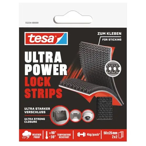 tesa Ultra Power Lock Strips - selbstklebende Klettband-Streifen - wetterfest und temperaturbeständig - 4 Stück, 50 x 25 mm
