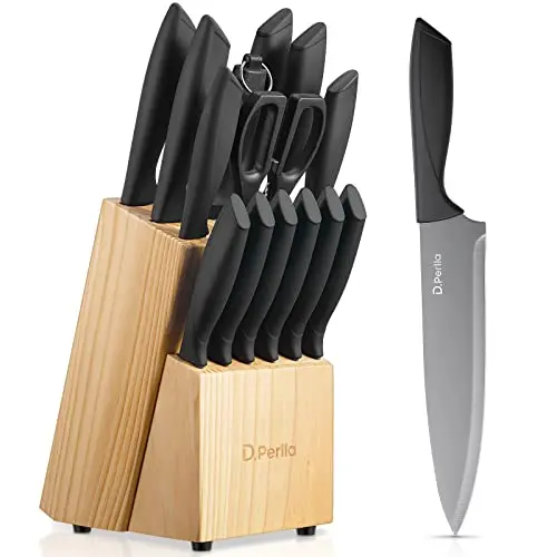 D.Perlla 15-teiliges Küchenmesser Set mit Holzblock, Schwarz - Deutsches Edelstahl Messerset