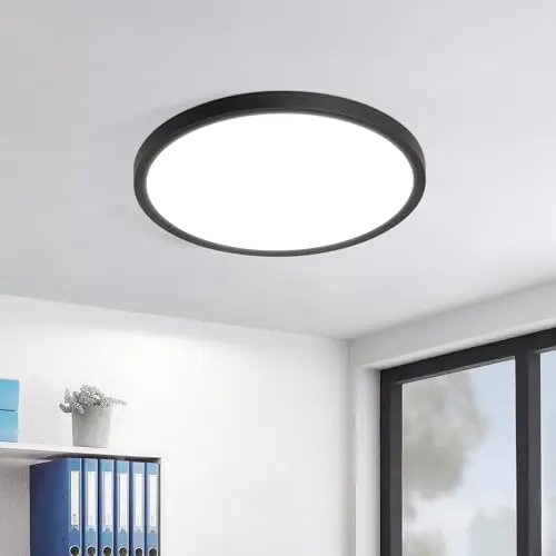 Muyuua LED Deckenlampe Flach Rund 18CM IP44 Wasserdicht für Bad Küche Flur Schwarz 15W 6500K Kaltweiß