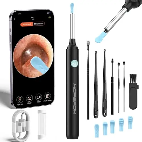 Hopefox Ohrenschmalz Entferner mit Kamera, 1080P HD, 6 LEDs, für Baby, Kinder & Erwachsene, schwarz