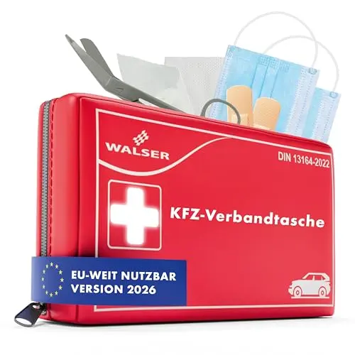 WALSER Erste Hilfe Set Auto 2026 - KFZ Verbandskasten europaweit nutzbar, DIN 13164