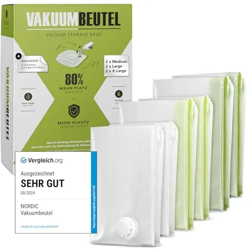 NORDIC® Vakuumbeutel für Kleidung – 6 Stück (2M + 2L + 2XL) – BPA-frei – Vakuum Reisebeutel