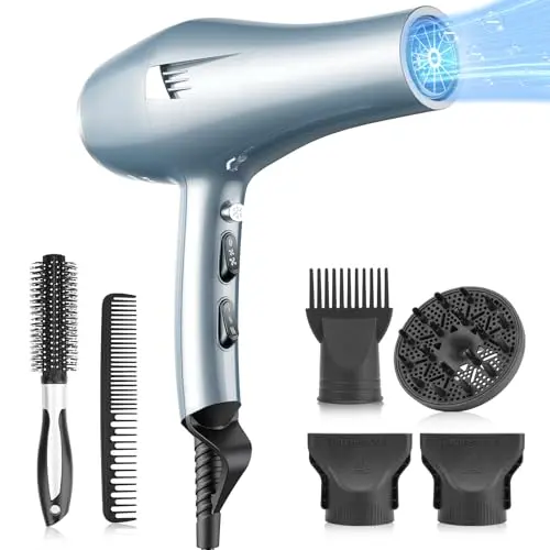 Professioneller blauer Haartrockner mit Ionen, Diffusor, Kammaufsatz und 2 Geschwindigkeiten