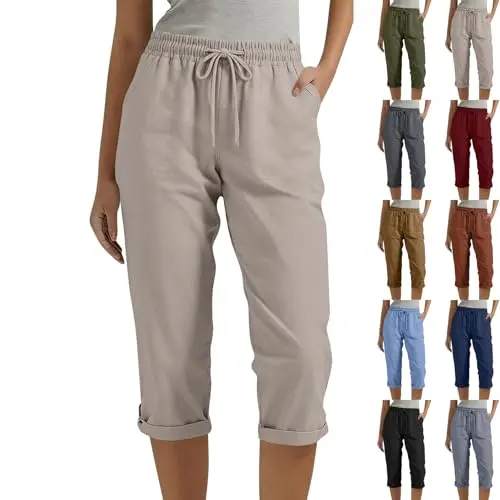 Damen Caprihose Sommer 3/4 Hose mit Taschen, elastischem Bund und Tunnelzug, leichte Bermuda Shorts für Alltag, Strand und Urlaub